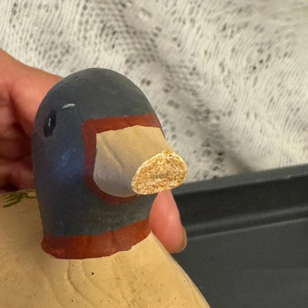 Hand Painted Ceramic Duck Decoy Trinket Box Gray Floral Folk Art Jewelry Box